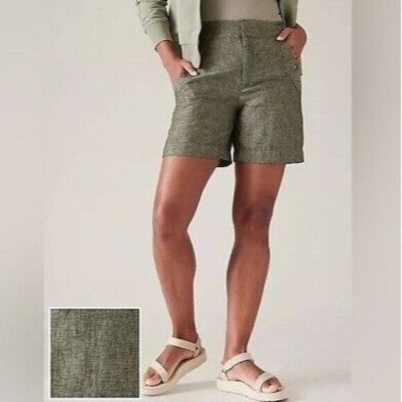 Athleta Aspen Olive Linen Voyager Bermuda Short 12 - Picture 1 of 7